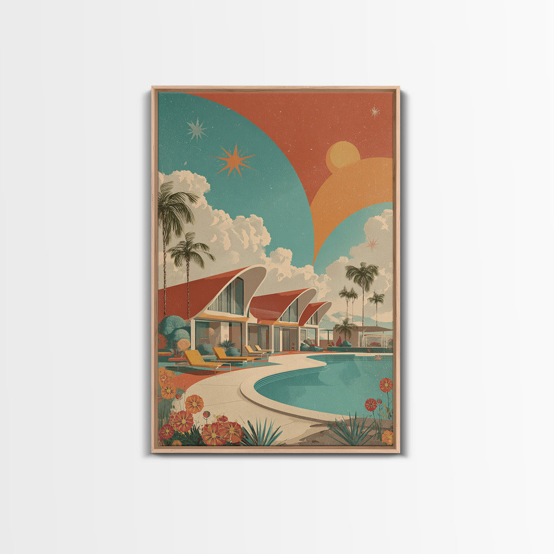 Retro Palm Springs Pool Homes Framed Canvas Print, Midcentury Modern Wall Art, Atomic Ranch Decor, Tropical Sunset Poster