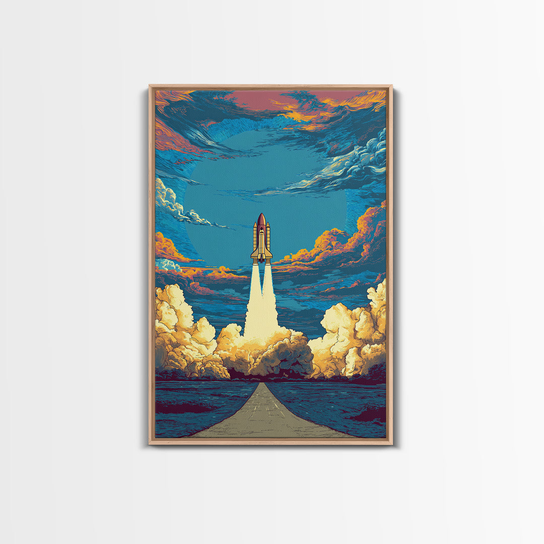 Space Shuttle Rising Over Ocean Road Framed Canvas Print, Retro Sci Fi Wall Art, Modern Space Poster, Dramatic Cloud Decor