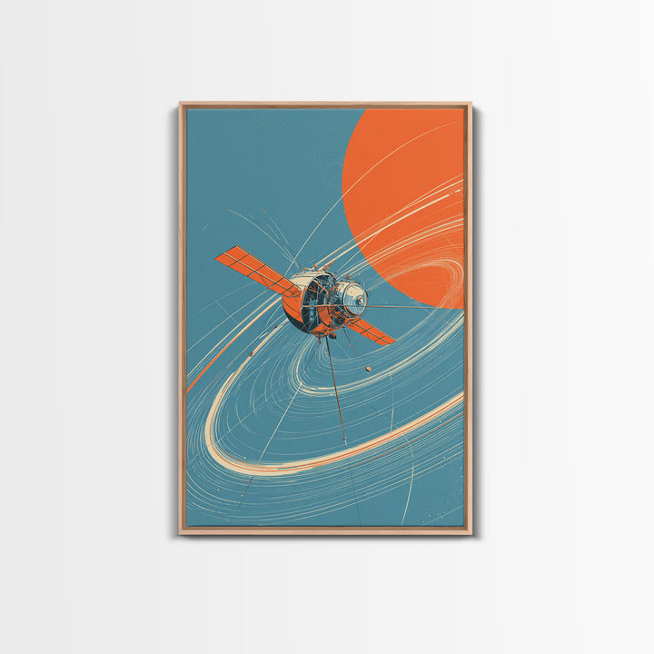 Retro Satellite With Orange Sun, Cosmic Orbit Wall Art, Mid Century Modern Space Poster, Sci Fi Decor, MCM Home Print Gift