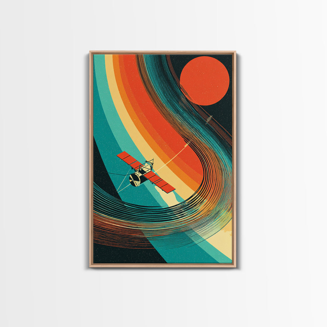 Satellite By Rainbow Planetary Rings, Red Sun Canvas Print, Retro Sci Fi Space Poster, Mid Century Modern Wall Decor Gift