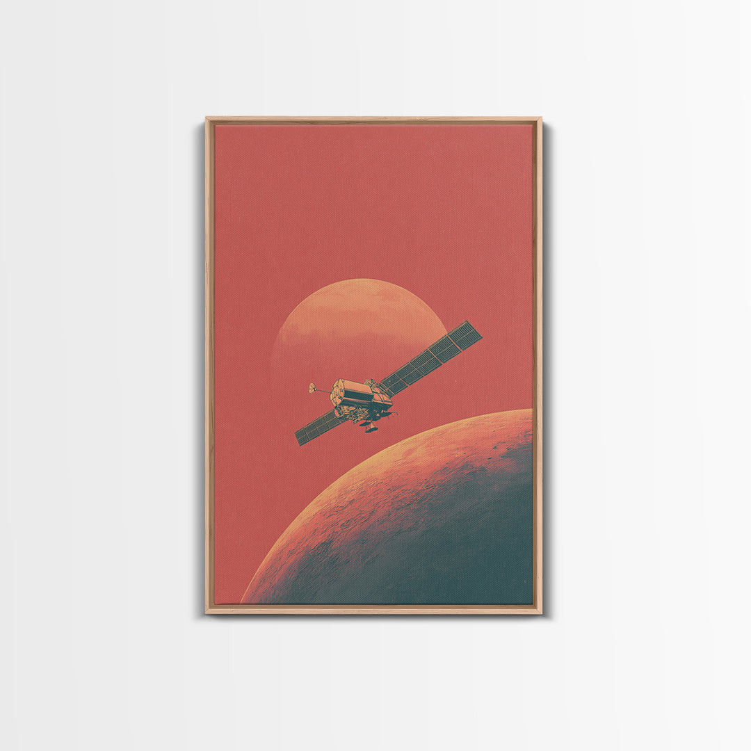 Coral Mars Satellite Over Desert Planet Canvas Print, Minimal Retro Space Poster, Mid Century Modern Home Office Decor Gift