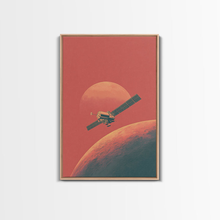 Coral Mars Satellite Over Desert Planet Canvas Print, Minimal Retro Space Poster, Mid Century Modern Home Office Decor Gift