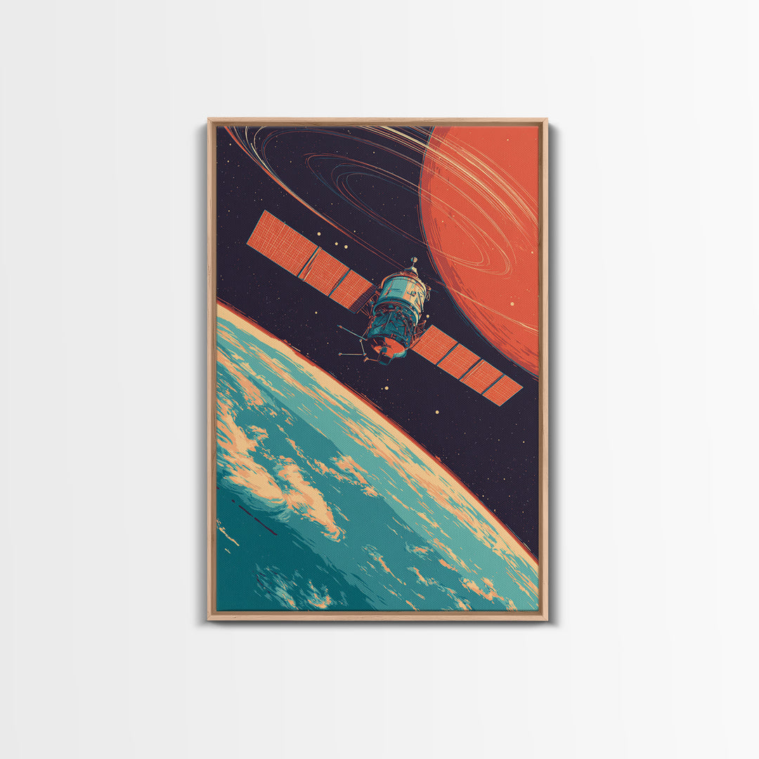 Satellite Orbiting Earth With Ringed Red Planet Framed Canvas Print, Retro Space Poster, Mid Century Modern Wall Decor Gift