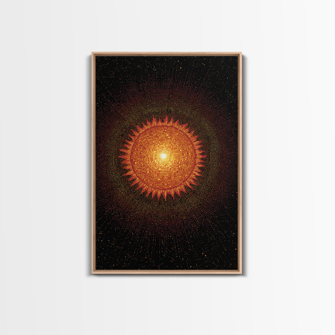 Fiery Abstract Sun Mandala On Black Wall Art, Cosmic Retro Poster, Mid Century Modern Decor, Orange Celestial Print Gift