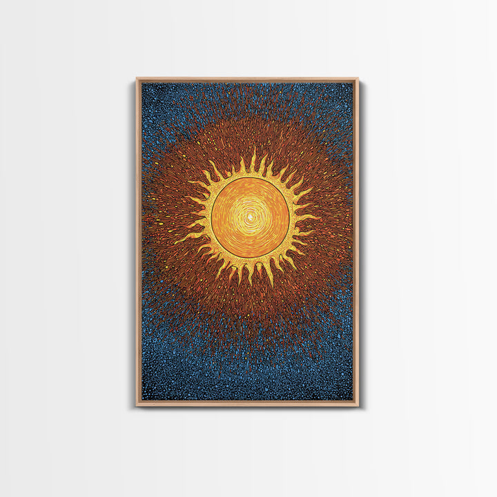 Radiant Orange Sunburst With Blue Texture Canvas Print, Cosmic Wall Art, Mid Century Modern Poster, Groovy Retro Decor Gift