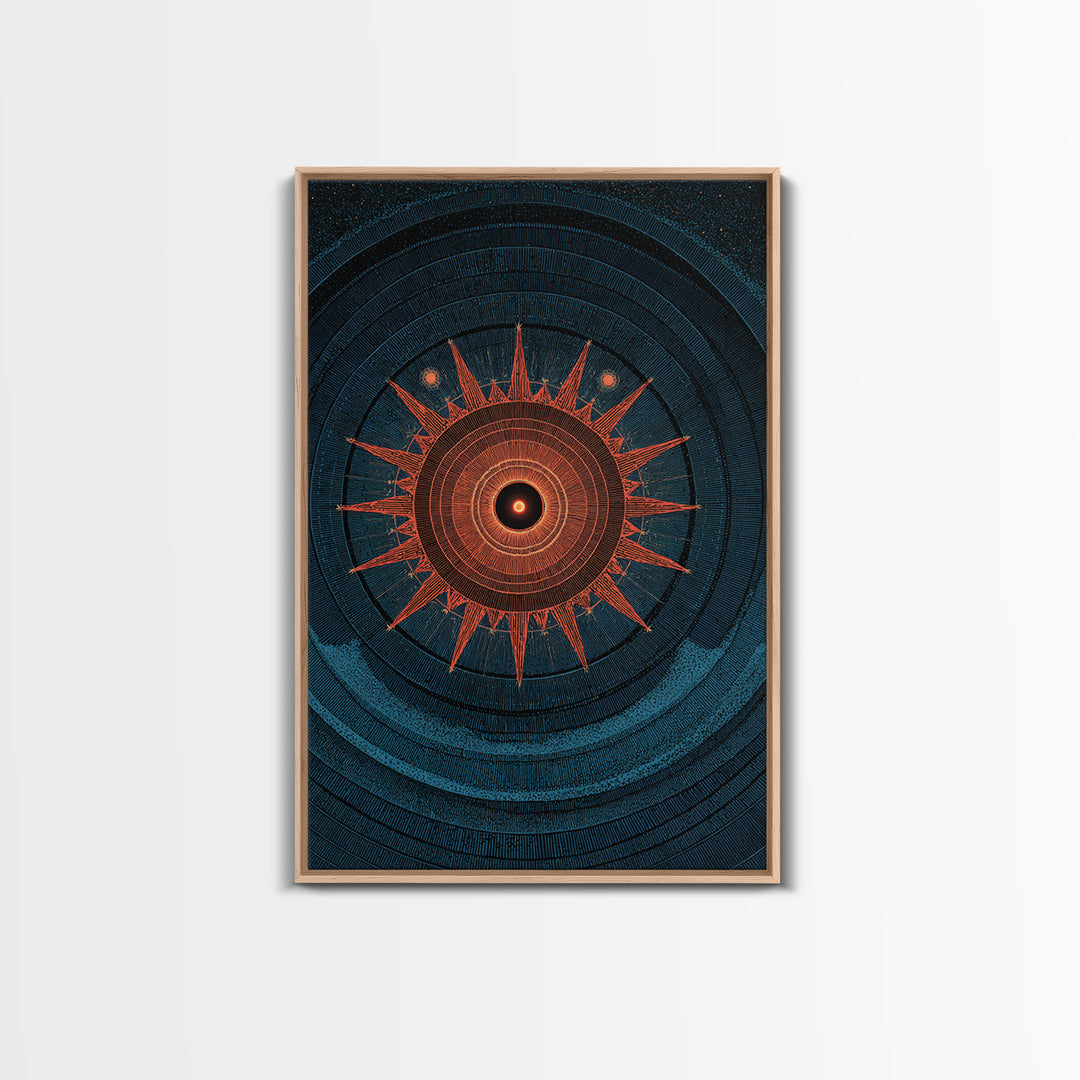 Mystic Solar Eclipse Compass Mandala Wall Art, Retro Sci Fi Poster, Modern Abstract Art Print, Teal Orange MCM Decor Gift