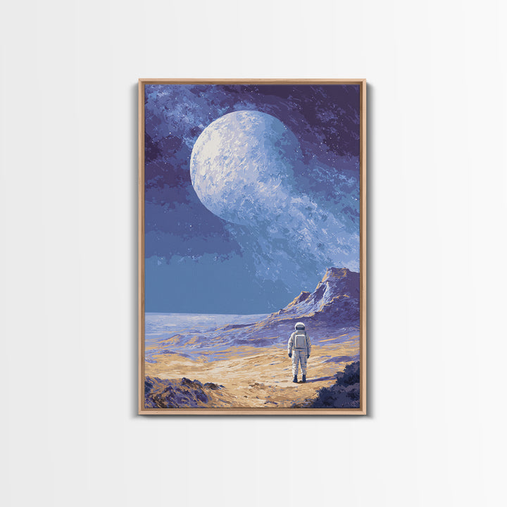 Lonely Astronaut On Icy Moon Wall Art, Retro Sci Fi Space Poster, Blue Planet Landscape, Modern MCM Room Decor Print Gift