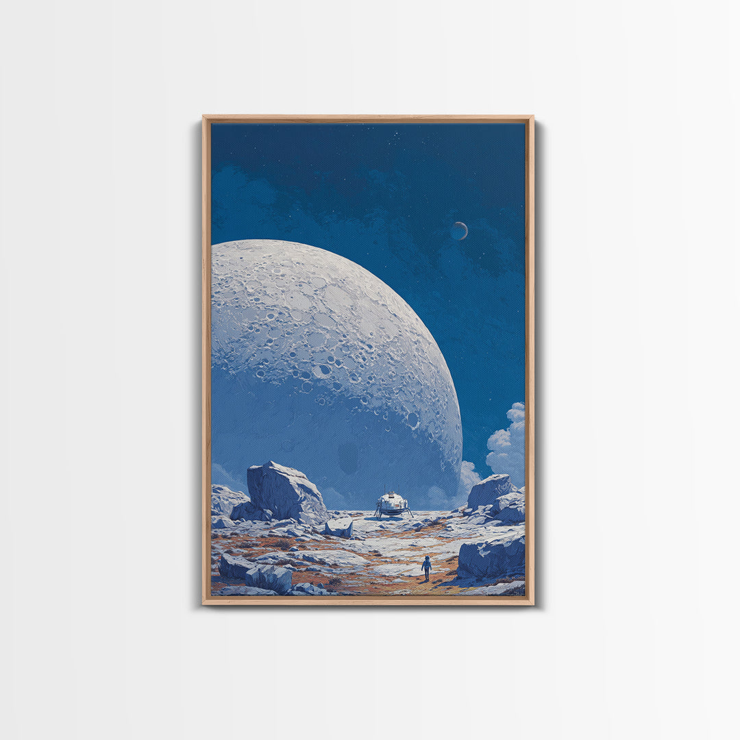 Blue Lunar Base With Astronaut Wall Art, Giant Moon Sci Fi Poster, Modern Space Landscape, Retro Futuristic Room Decor Print