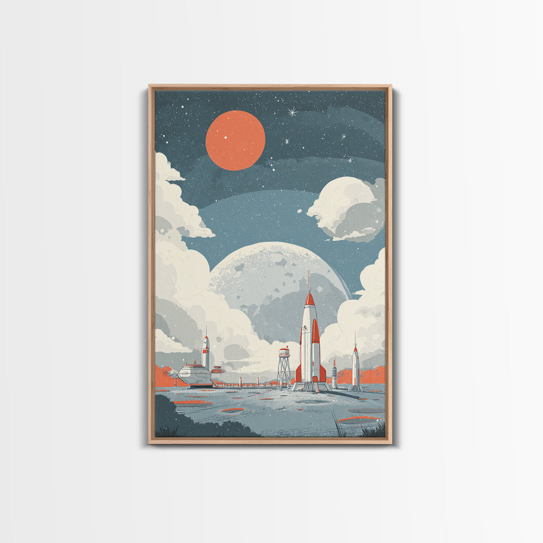 Retro Rocket Spaceport In Clouds Canvas Print, Moon Colony Wall Art Poster, Midcentury Modern Sci Fi Nursery Room Decor Print