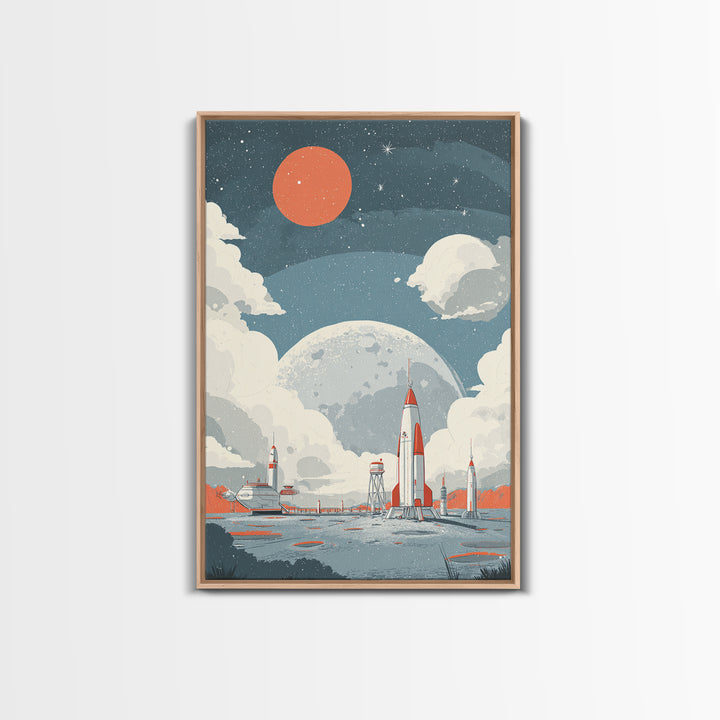 Retro Rocket Spaceport In Clouds Canvas Print, Moon Colony Wall Art Poster, Midcentury Modern Sci Fi Nursery Room Decor Print