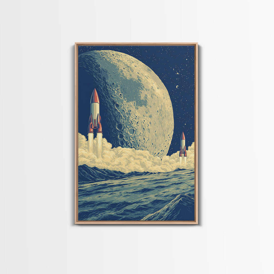 Rockets Launch From Lunar Waves Canvas Print, Giant Moon Sci Fi Poster, Retro Futuristic Wall Art, Space Age Room Decor Print