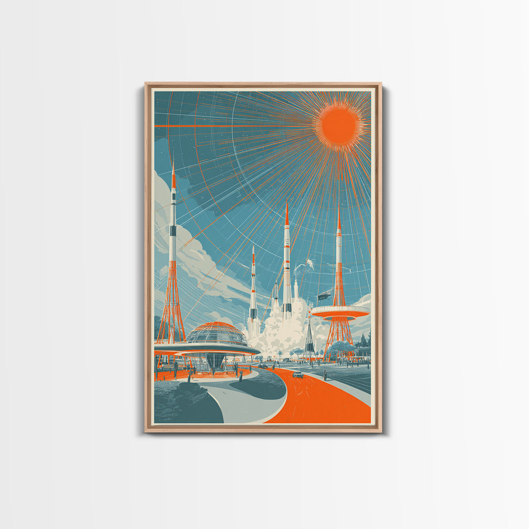 Retro Futuristic Rocket City Wall Art, Orange Sun Spaceport Poster, Midcentury Modern Sci Fi Decor, Atomic Ranch Print Gift