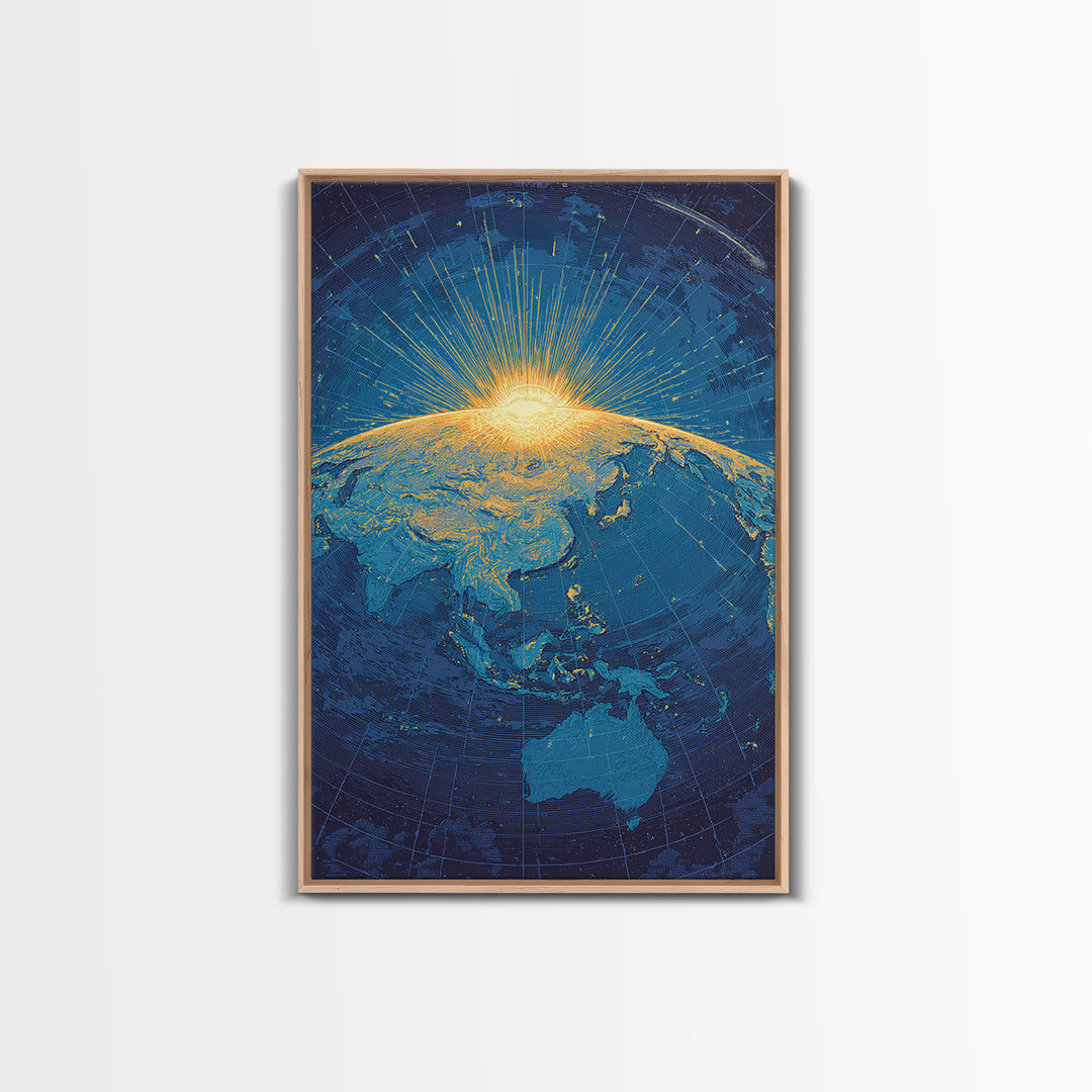 Golden Sunrise Over Earth Canvas Print, Midcentury Modern Map Art, Blue Space Poster, Retro Travel Office Wall Decor Gift