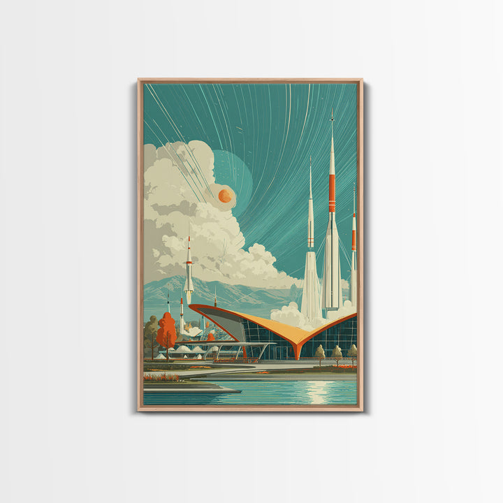 Retro Futuristic Rocket Spaceport With Teal Sky Wall Art, Mid Century Modern Sci Fi Poster, Atomic MCM Space Decor Print