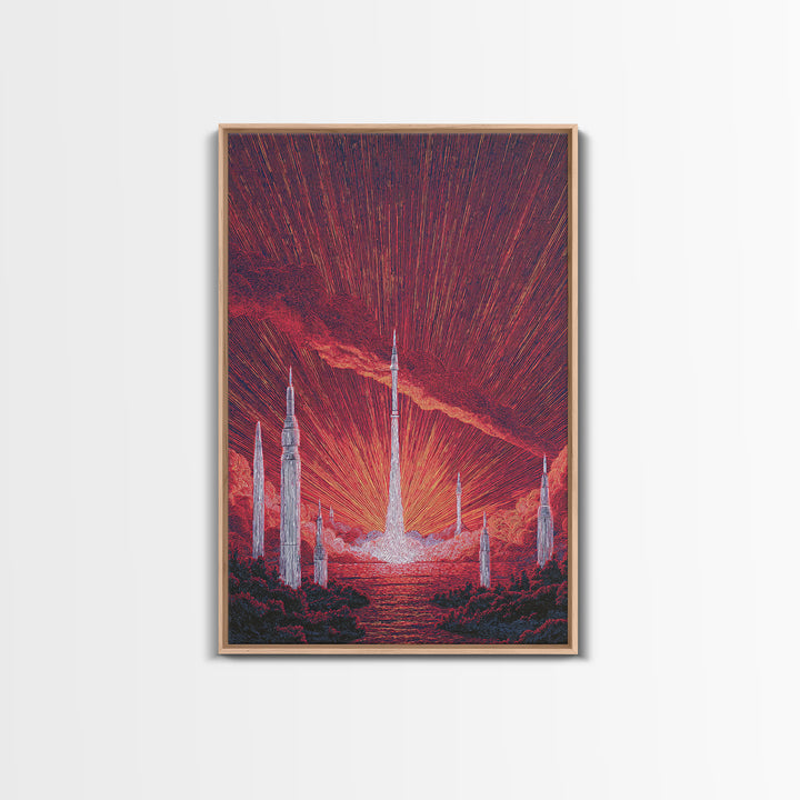 Fiery Red Rocket City At Sunrise Wall Art, Mid Century Modern Sci Fi Poster, Atomic Space Landscape, Retro MCM Decor Print