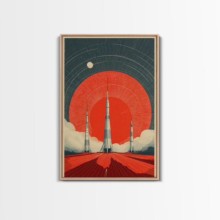 Giant Red Sun Rocket Launch Canvas Print, Mid Century Modern Sci Fi Poster, Atomic Space Art, Retro MCM Wall Decor Print