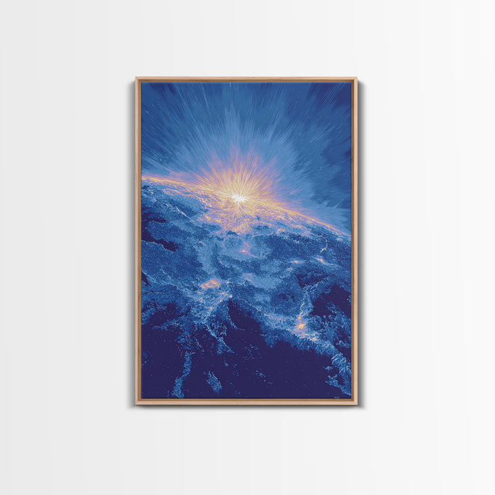 Blue Cosmic Earth Sunrise Framed Canvas Print, Modern Abstract Space Art, Midcentury Poster, Galaxy Home Office Decor Gift