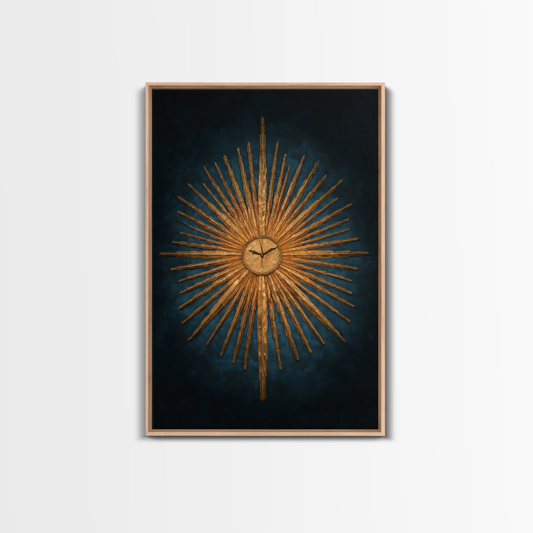 Golden Sunburst Clock On Moody Blue Wall Art, Mid Century Modern Decor, MCM Wall Decor, Atomic Retro Art Print, Home Decor