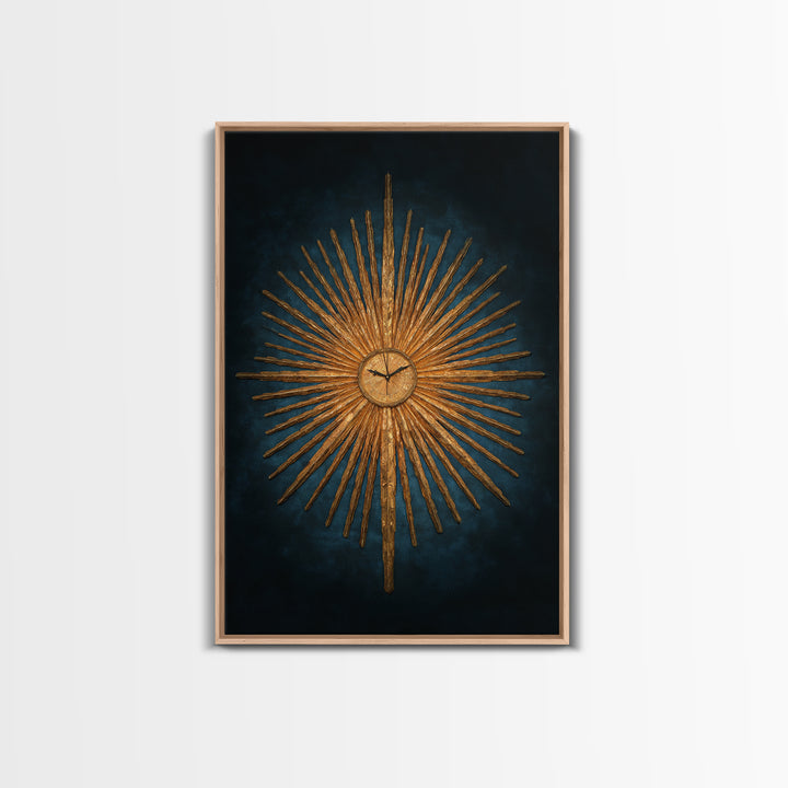Golden Sunburst Clock On Moody Blue Wall Art, Mid Century Modern Decor, MCM Wall Decor, Atomic Retro Art Print, Home Decor
