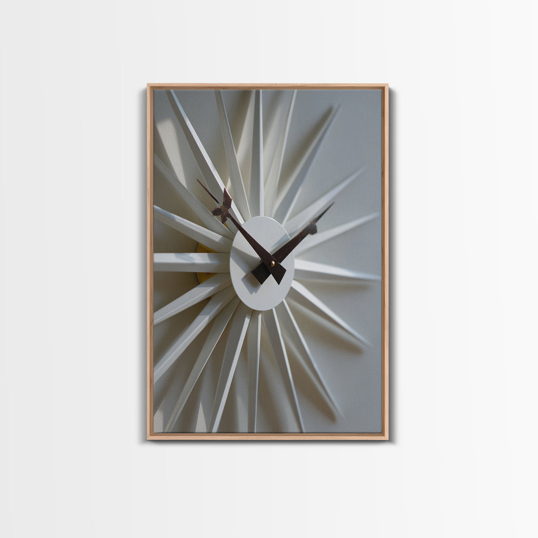 Minimal White Sunburst Clock Framed Canvas Print, Mid Century Modern Decor, Geometric Wall Art, Scandinavian Modern, MCM Artwork
