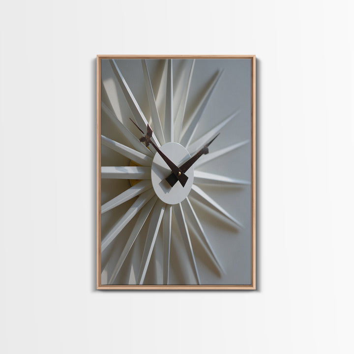 Minimal White Sunburst Clock Framed Canvas Print, Mid Century Modern Decor, Geometric Wall Art, Scandinavian Modern, MCM Artwork