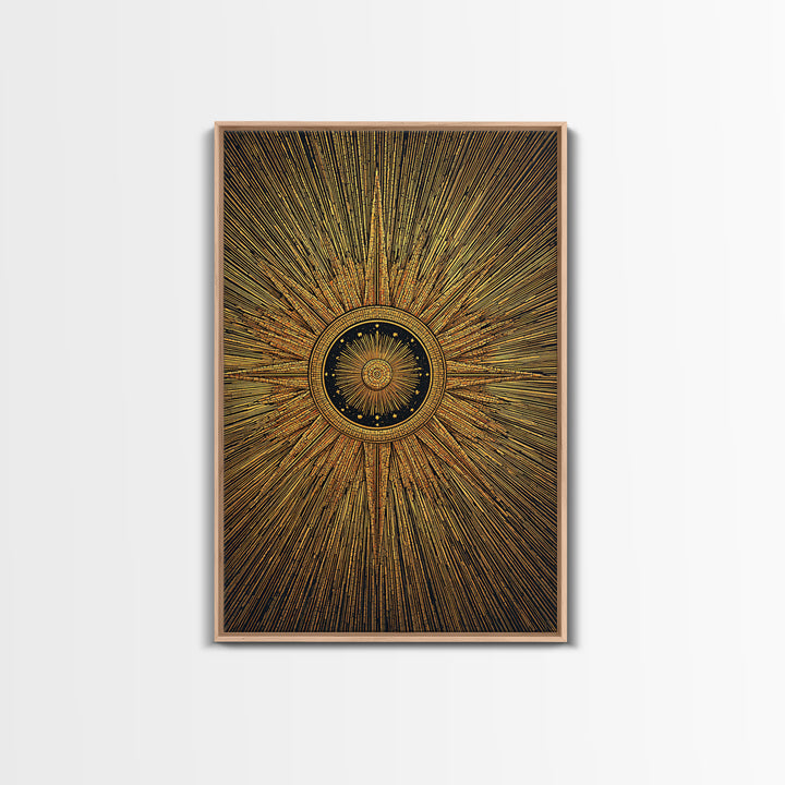 Ornate Gold Sunburst Clock Canvas Print, Midcentury Modern Art, Geometric Art Deco, Atomic Retro Wall Art, Statement Wall Decor