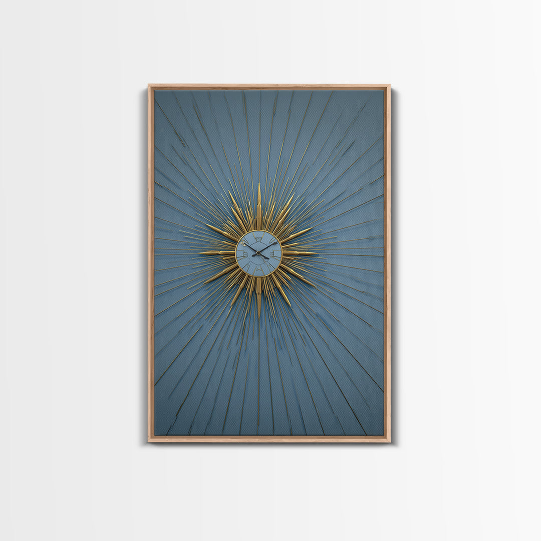 Blue And Gold Starburst Clock Framed Canvas Print, Mid Century Modern Decor, Atomic Wall Art, MCM Artwork, Large Canvas Print