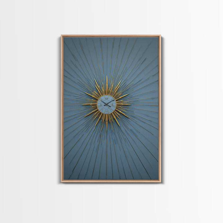 Blue And Gold Starburst Clock Framed Canvas Print, Mid Century Modern Decor, Atomic Wall Art, MCM Artwork, Large Canvas Print