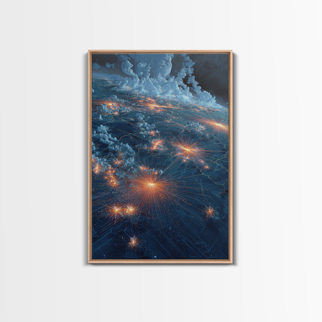 Stormy Earth Lights From Orbit Wall Art, Modern Abstract Space Print, Sci Fi City Map Poster, Blue Office Living Room Decor Gift