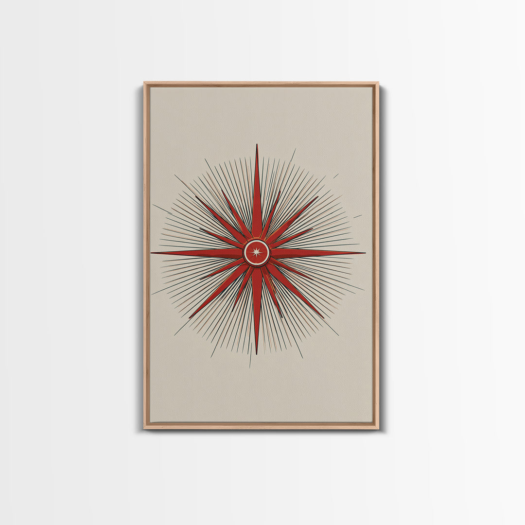 Red Compass Starburst Abstract Canvas Print, Mid Century Modern Art, Atomic Retro Poster, Geometric Wall Art, Minimalist Decor