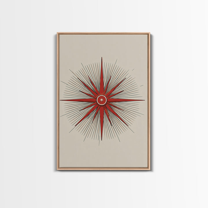 Red Compass Starburst Abstract Canvas Print, Mid Century Modern Art, Atomic Retro Poster, Geometric Wall Art, Minimalist Decor