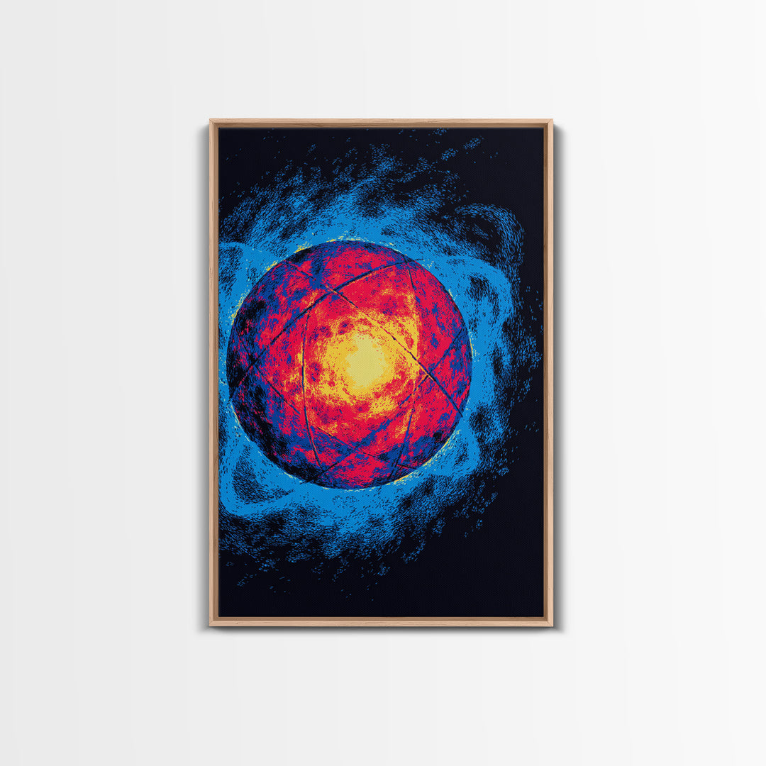 Glowing Quantum Sphere Wall Art, Modern Abstract Art Print, Atomic Retro Poster, Blue Orange Sci Fi Decor For Home Office