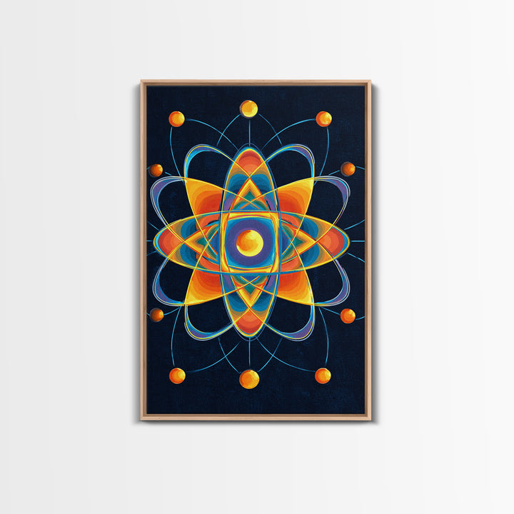 Colorful Atomic Mandala Framed Canvas Print, Midcentury Modern Wall Art, Geometric Sci Fi Poster, Retro Office Decor Gift