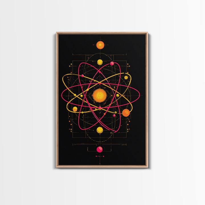Technical Atom Diagram Canvas Print, Midcentury Modern Art, Retro Science Wall Decor, Black Pink Atomic Poster For Office