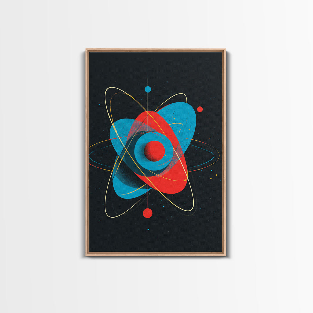 Modern Red Blue Atom Canvas Print, Midcentury Modern Art, Atomic Retro Wall Decor, Space Abstract Poster For Living Room