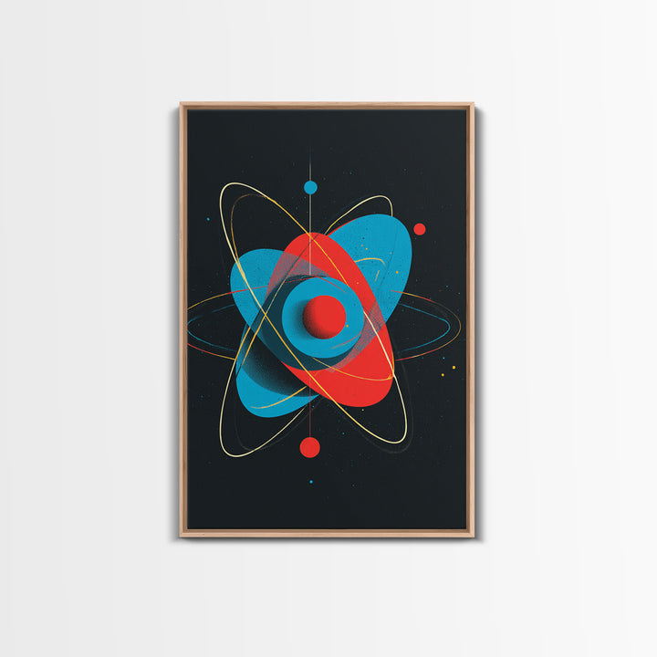 Modern Red Blue Atom Canvas Print, Midcentury Modern Art, Atomic Retro Wall Decor, Space Abstract Poster For Living Room