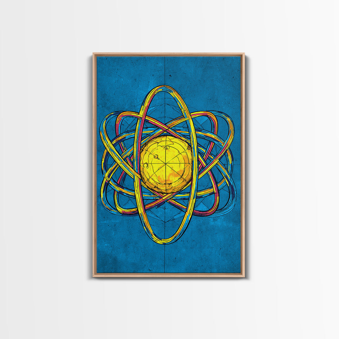 Electric Blue Atom Framed Canvas Print, Midcentury Modern Wall Art, Retro Science Poster, Yellow Orb Decor For Home Office