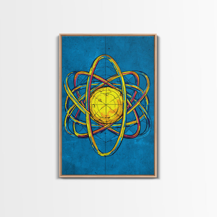 Electric Blue Atom Framed Canvas Print, Midcentury Modern Wall Art, Retro Science Poster, Yellow Orb Decor For Home Office