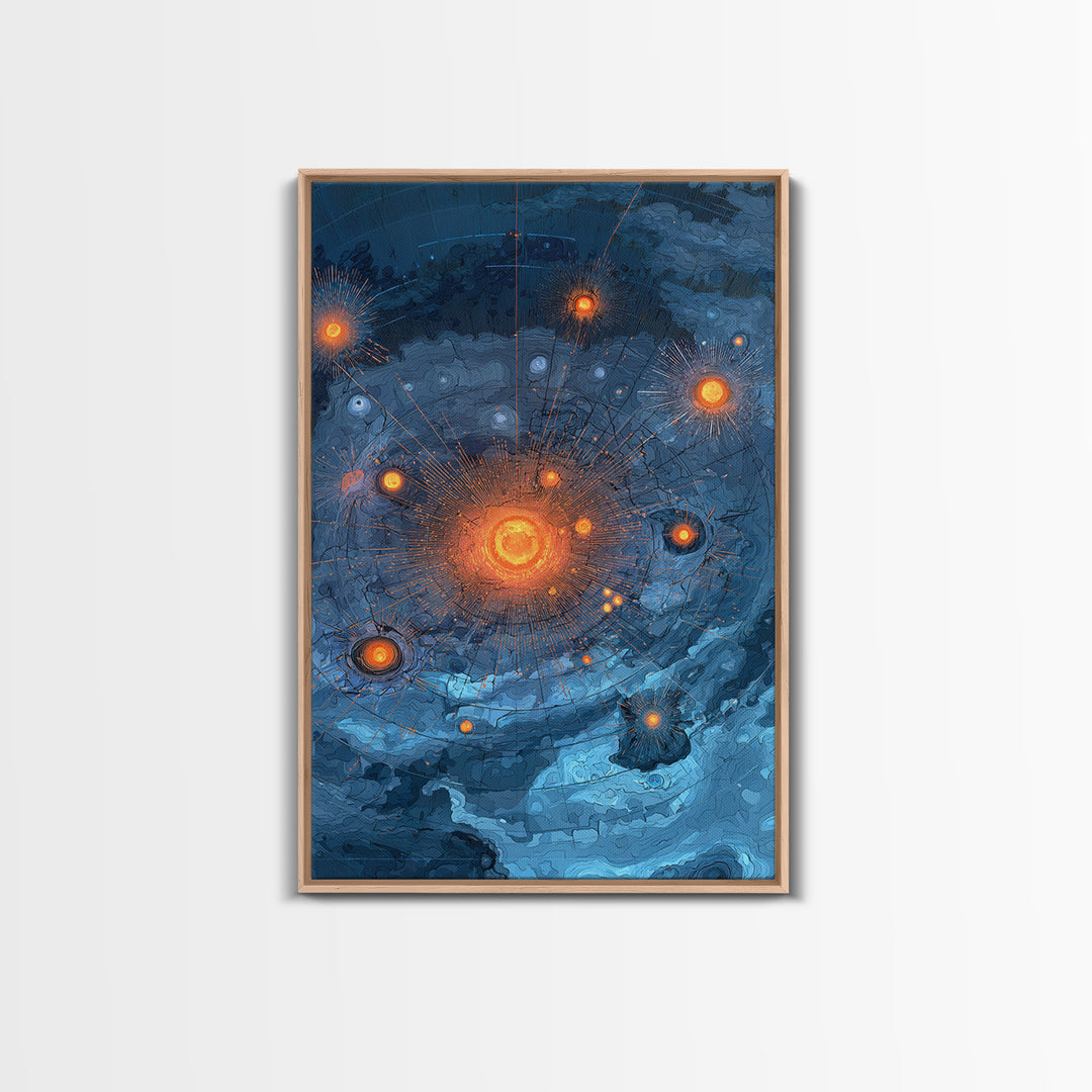 Blue Orange Planetary Orbit Canvas Print, Midcentury Modern Abstract Space Art, Atomic Poster, Geometric Office Decor Gift