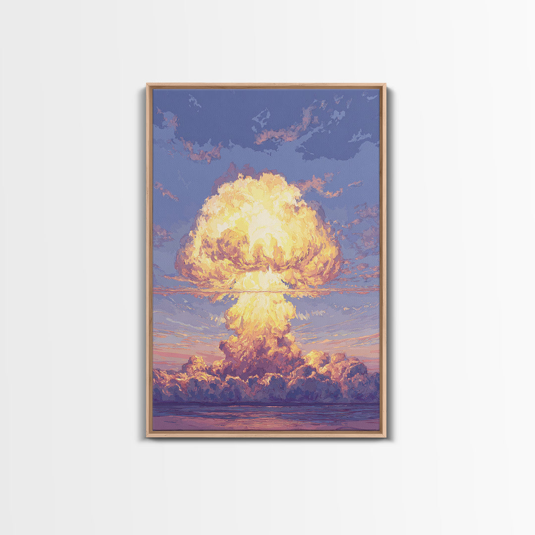 Glowing Nuclear Mushroom Cloud Over Ocean Wall Art, Retro Sci Fi Poster, Atomic Sunset Print, Dramatic Modern Wall Decor