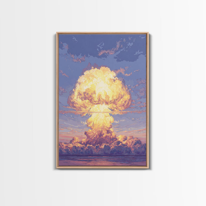 Glowing Nuclear Mushroom Cloud Over Ocean Wall Art, Retro Sci Fi Poster, Atomic Sunset Print, Dramatic Modern Wall Decor