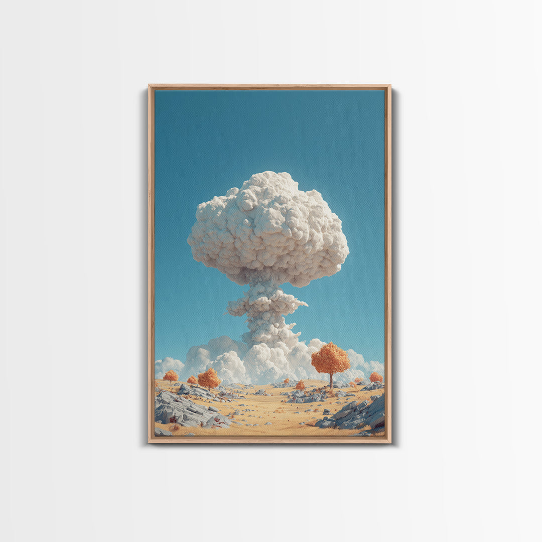White Mushroom Cloud In Desert Landscape Framed Canvas Print, Surreal Atomic Art, Modern Wall Decor, Blue Sky Poster Print