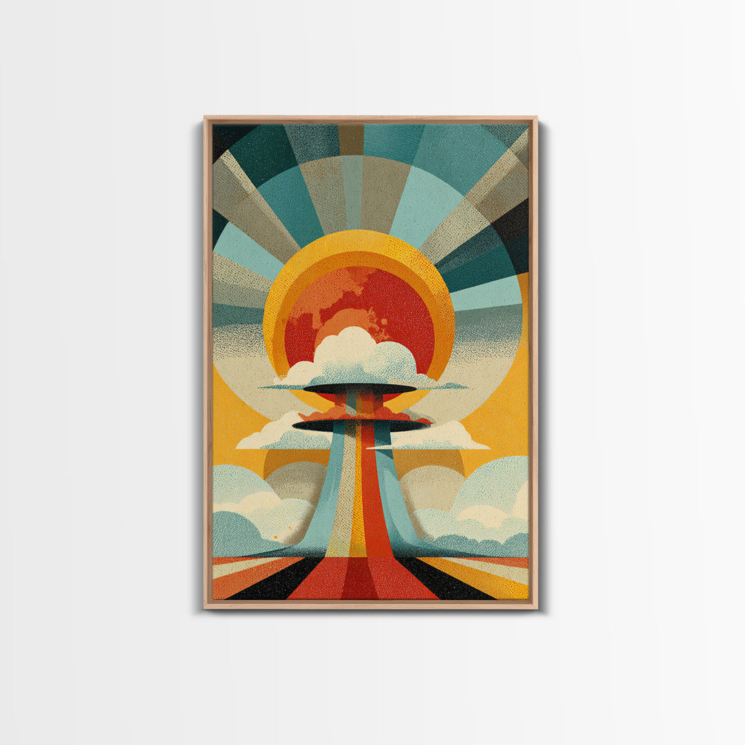 Retro Sunburst UFO Cloud Tower Canvas Print, Atomic Midcentury Modern Wall Art, Space Age Poster, Bold Geometric Decor Print