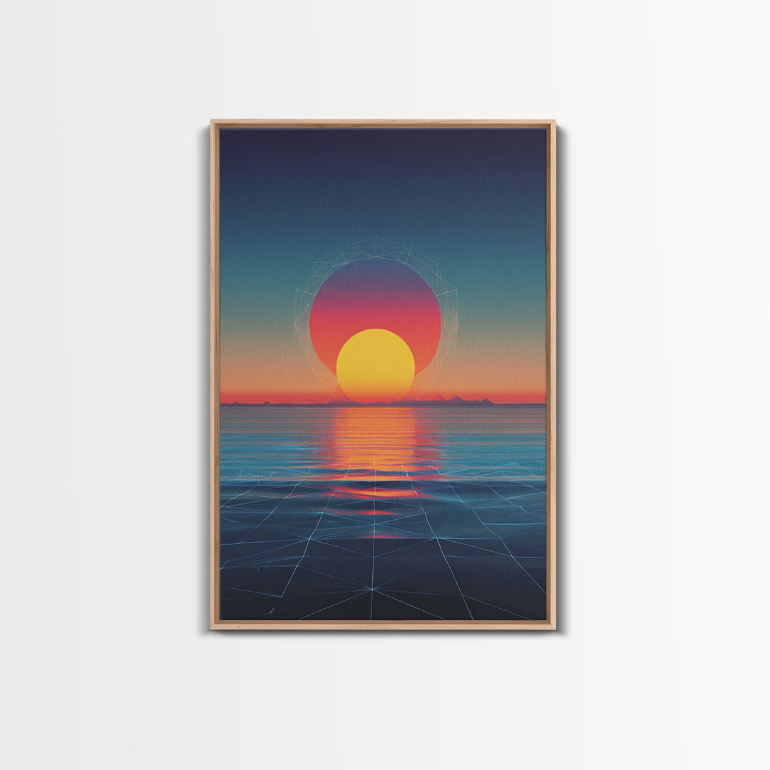 Neon Sunset Over Ocean Grid Wall Art, Synthwave Retro Poster, Vaporwave Modern Wall Decor, 80s Digital Art Print, Futuristic Decor