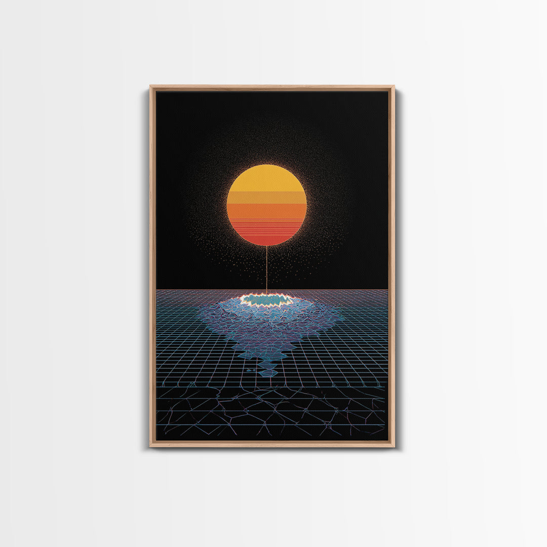 Minimal Retro Sun Over Digital Grid Canvas Print, Black Sci Fi Wall Art, Vaporwave Poster, Modern Geometric Decor Print Gift