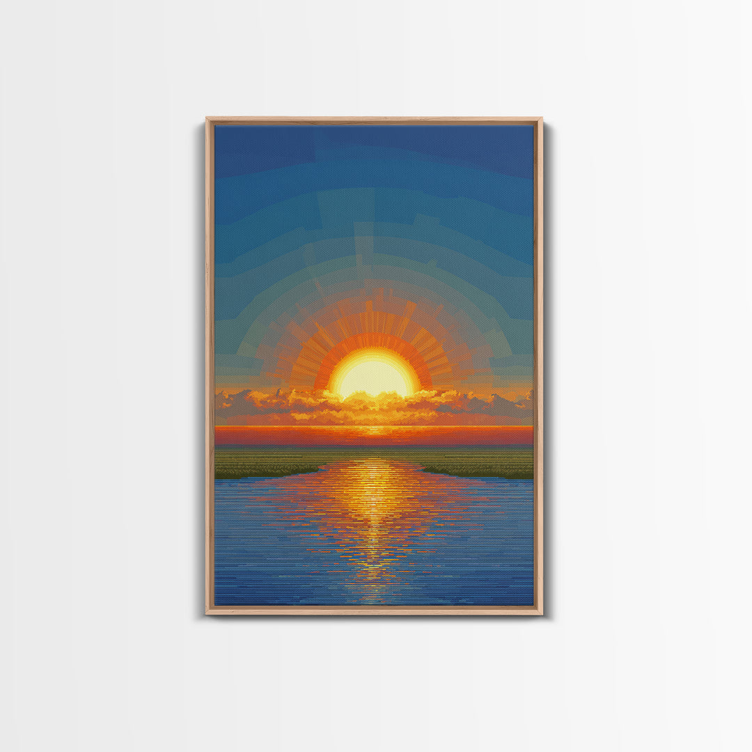 Golden Sunrise Over Calm Water Wall Art, Pixel Style Midcentury Poster, Modern Abstract Landscape, Living Room Decor Print