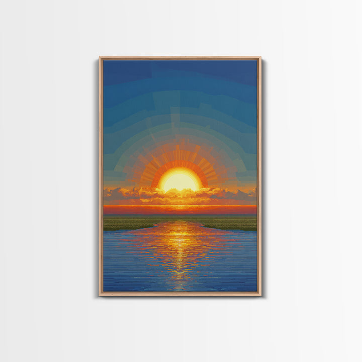 Golden Sunrise Over Calm Water Wall Art, Pixel Style Midcentury Poster, Modern Abstract Landscape, Living Room Decor Print