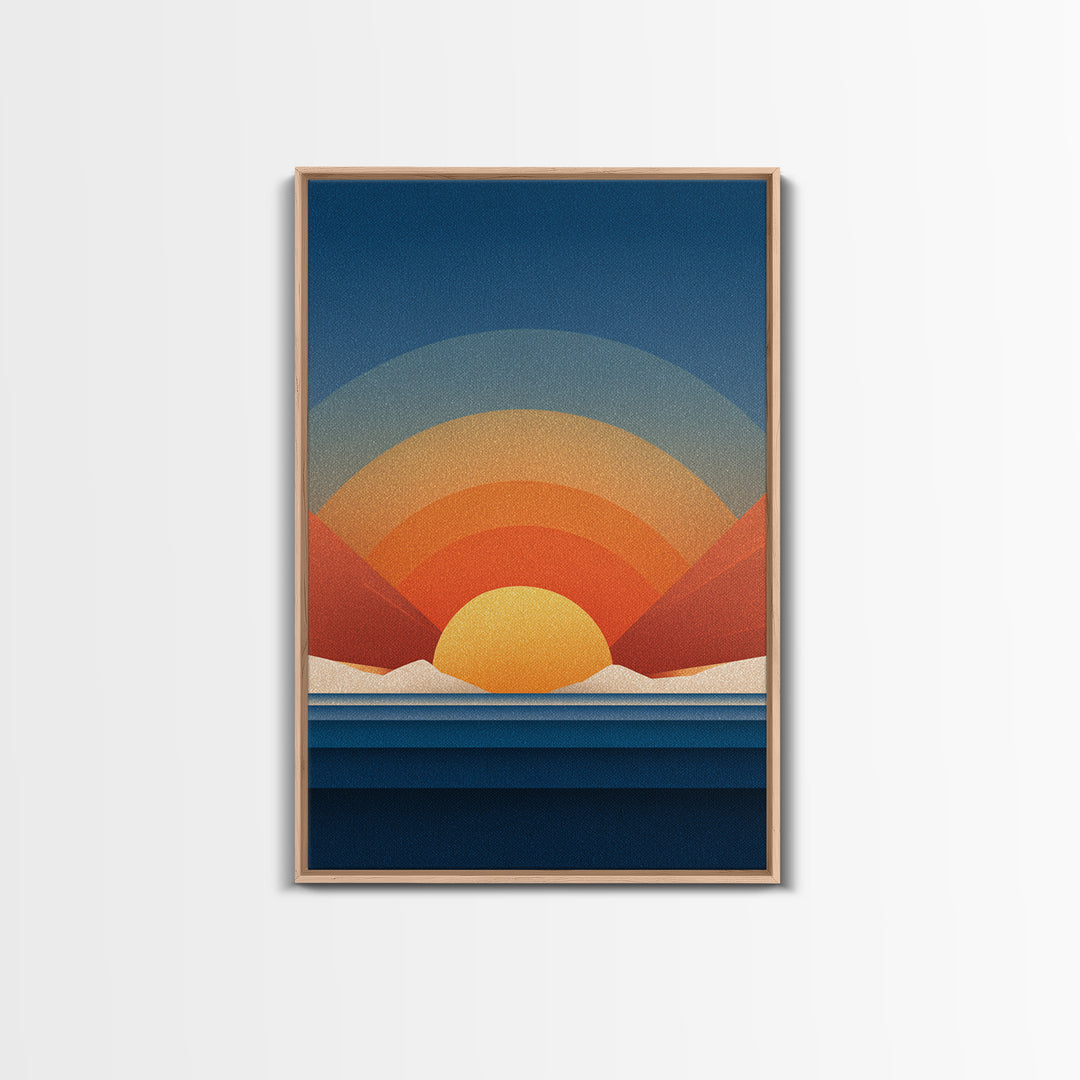 Geometric Desert Sunrise With Red Mountains Framed Canvas Print, Midcentury Modern Wall Art, Orange Blue Abstract Decor Poster