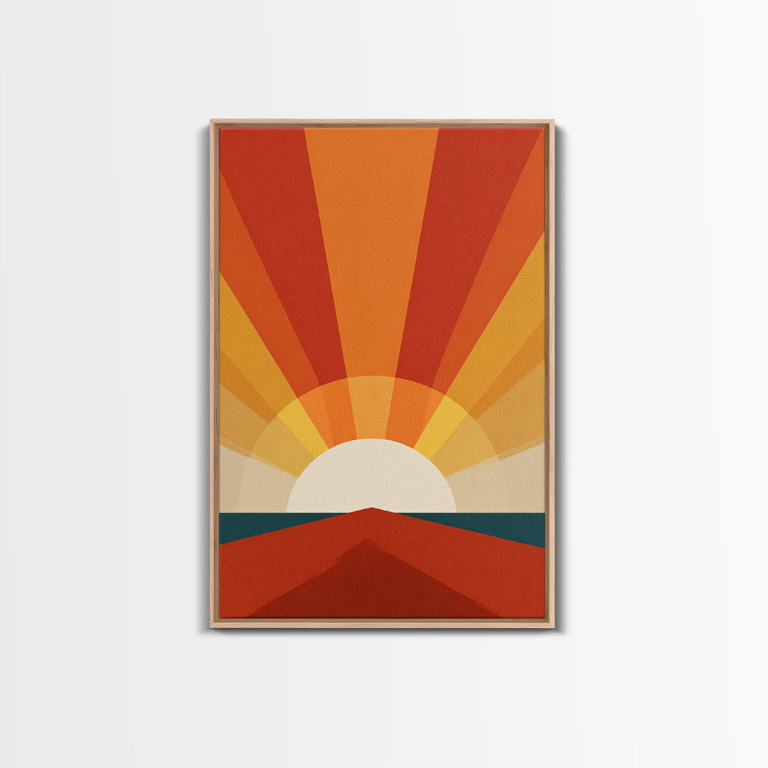Bold Retro Sunrise Rays Over Ocean Road Canvas Print, 70s Wall Art Poster, Midcentury Modern Decor, Orange Sun Print Gift