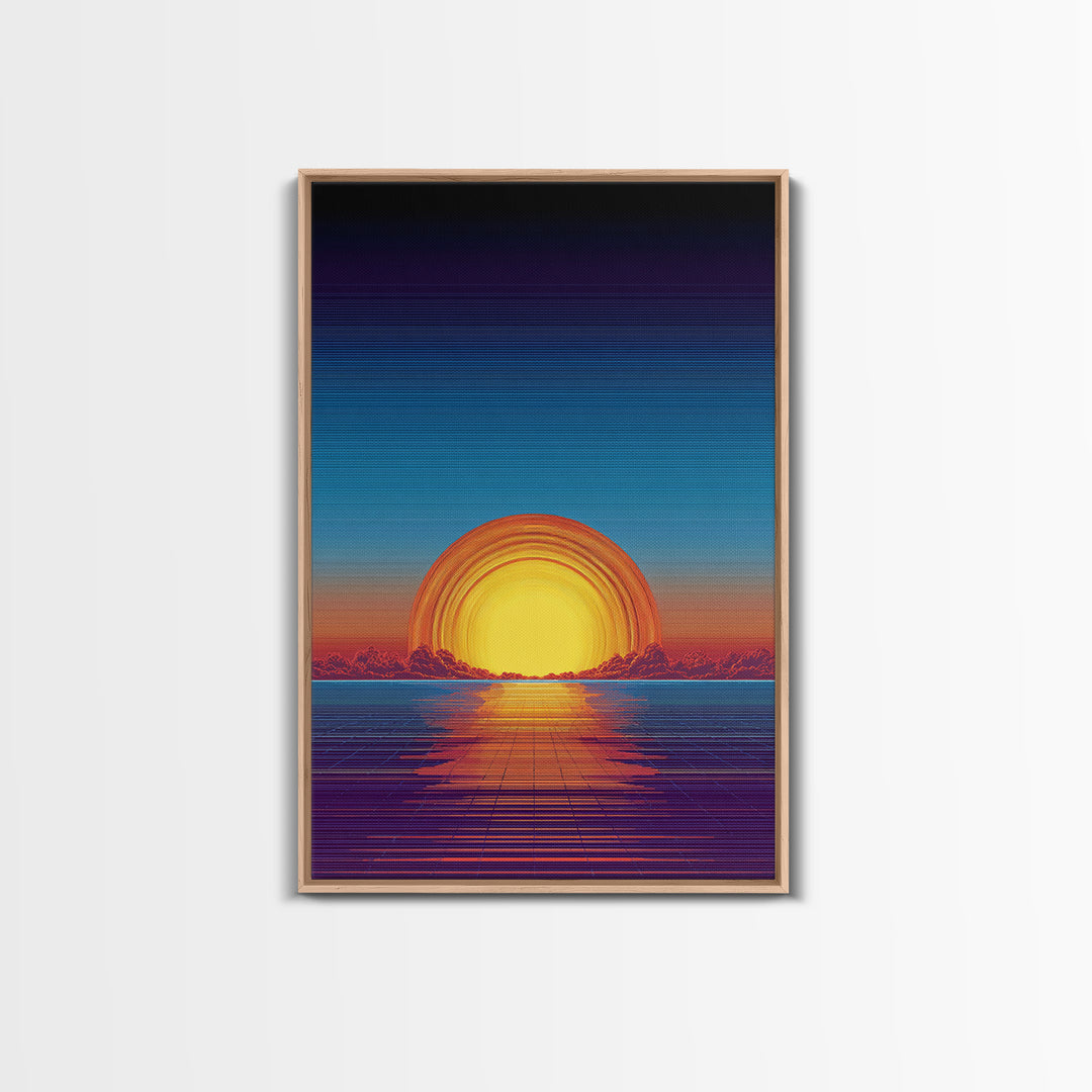 Neon Retro Sunset Over Ocean Grid Wall Art, Synthwave 80s Poster, Vaporwave Decor, Modern Digital Art, Blue Orange Print